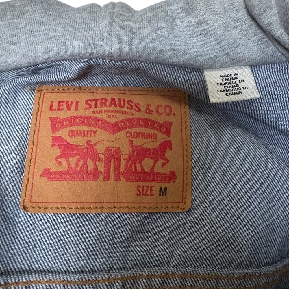 Levis Mens Hybrid Denim Trucker Jacket Grey Hooded Sweatshirt Blue Size M - Picture 8 of 11